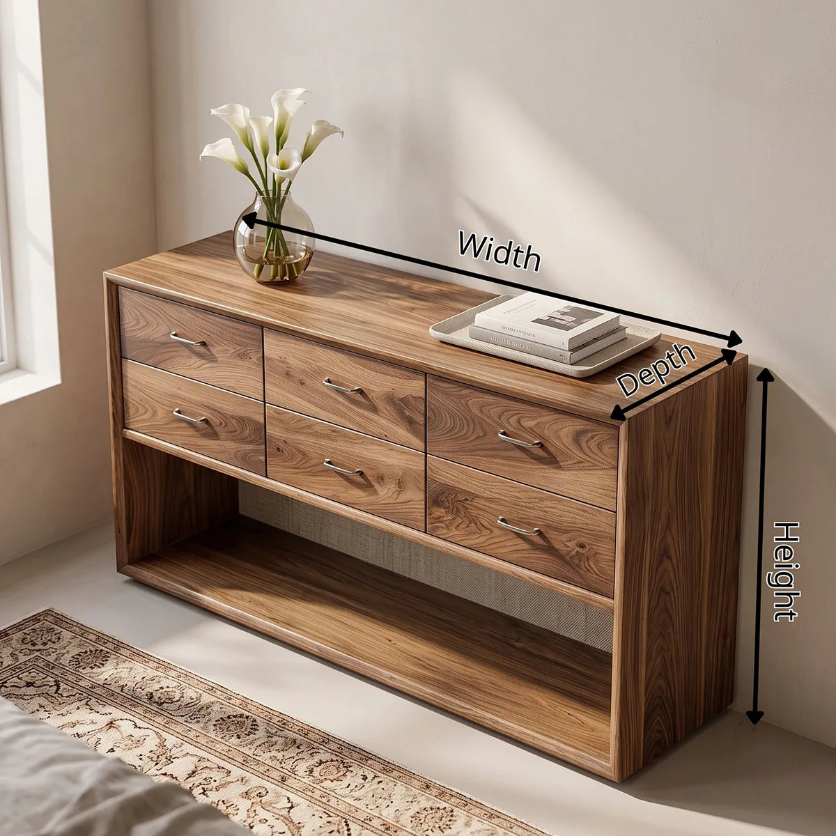 Modern 6 Drawer Console Table with Open Shelf – Minimalist Entryway Storage Cabinet TH003-9381