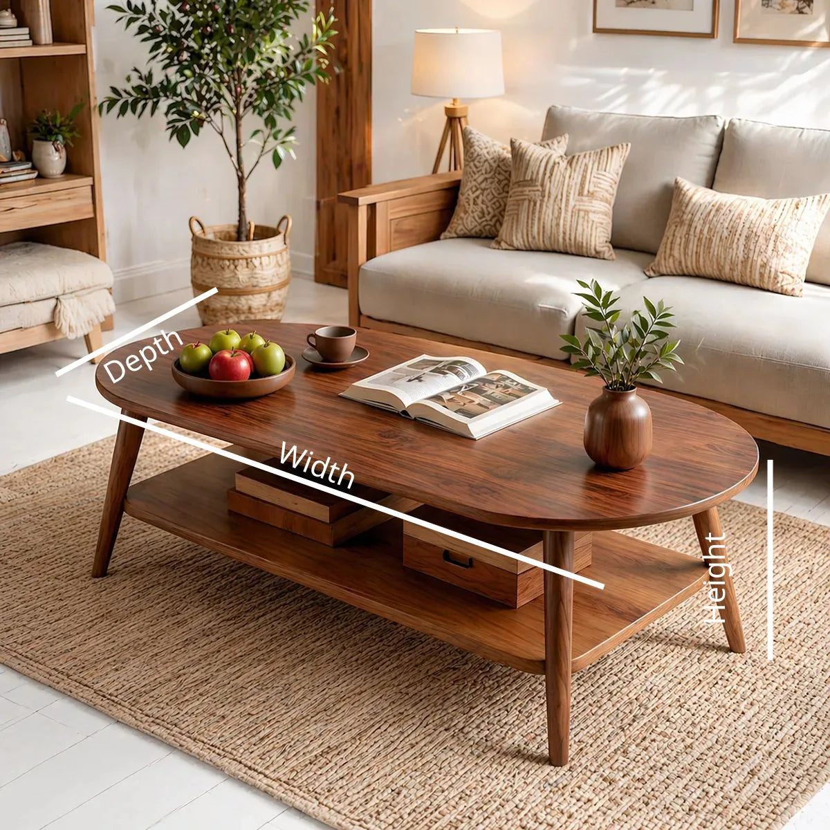 Mid Century Modern Solid Wood Two Tier Oval Coffee Table