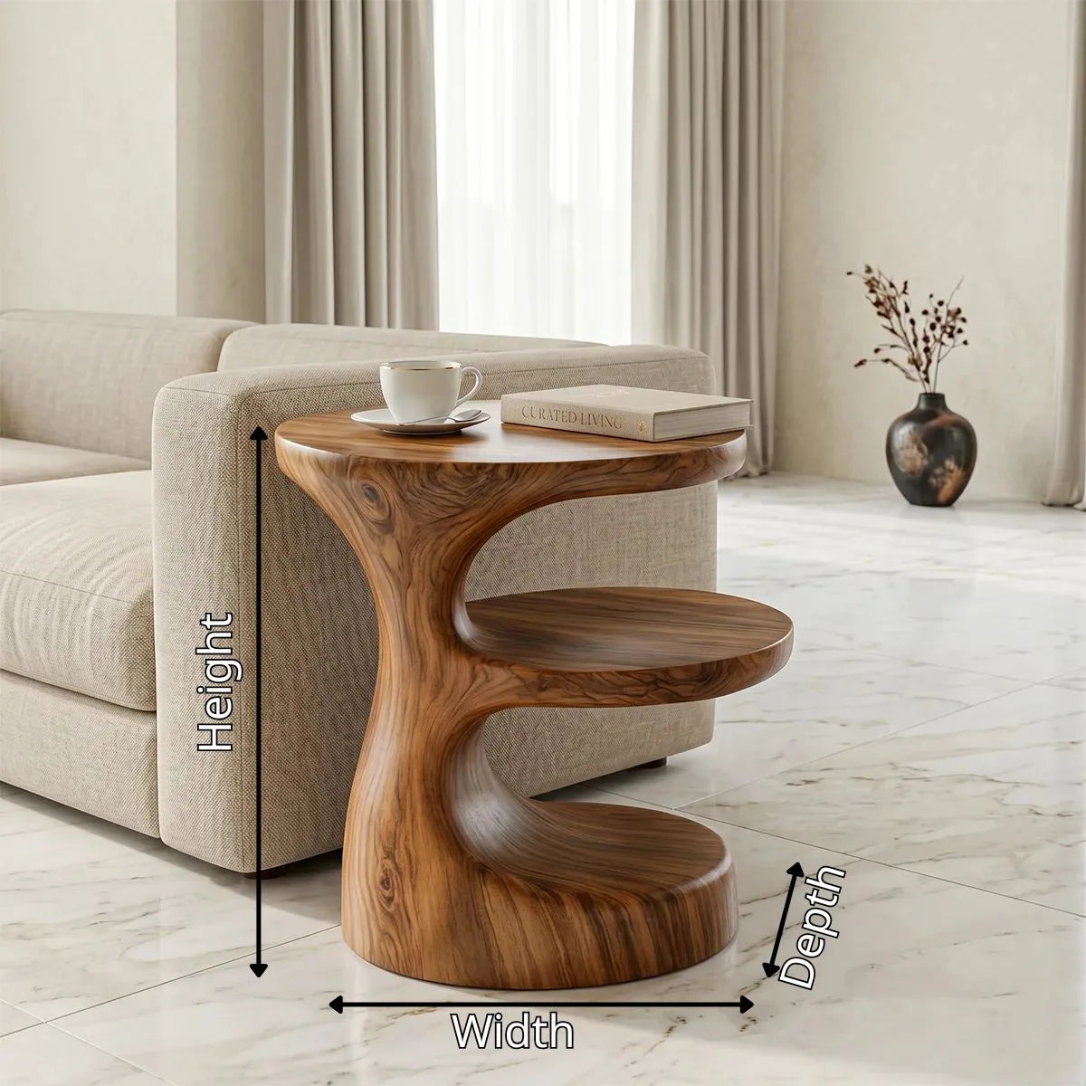 Handcrafted Solid Wood 3-Tier End Table – Sculptural Organic Side Table for Living Room TH003-2631
