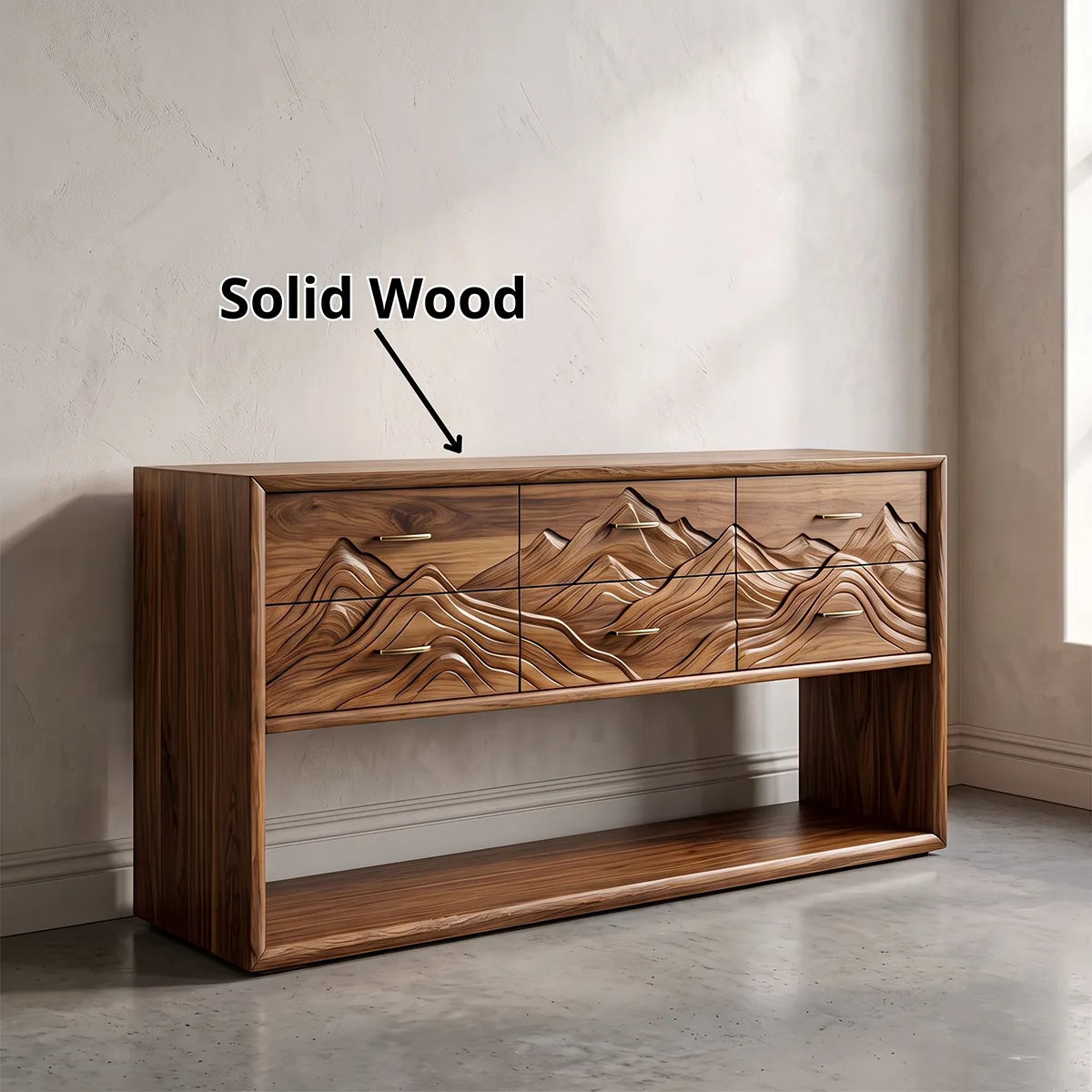 Modern Mountain Carved 6 Drawer Console Table with Open Shelf – Artistic Entryway Storage Cabinet TH003-2149