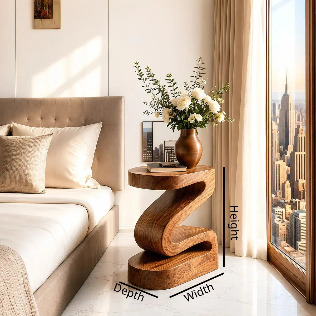 Modern Sculptural Wooden Nightstand with Open Shelf