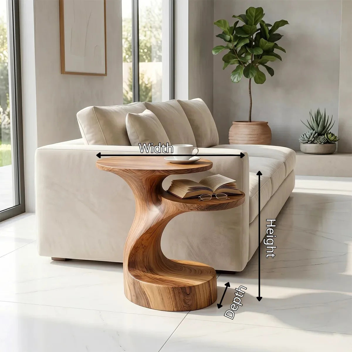 Handcrafted Solid Wood End Table with Open Shelves – Sculptural Organic Side Table TH003-1037