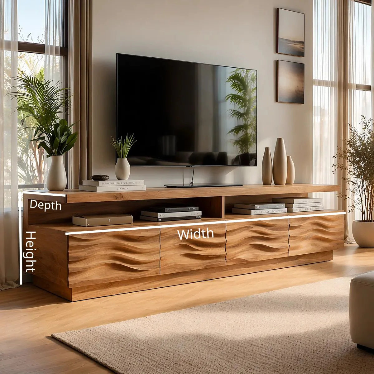 Wave Front TV Console with Open Shelves and 4 Drawers