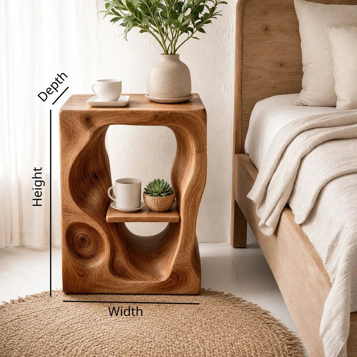 Organic Sculptural Wooden Nightstand with Open Shelf