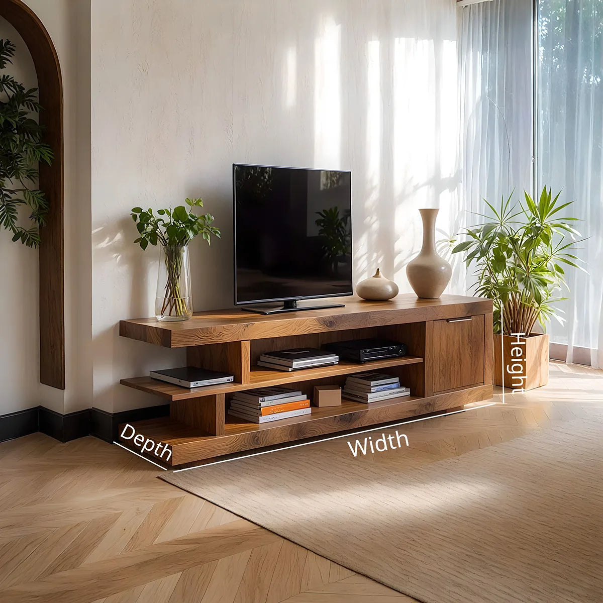 Solid Wood TV Cabinet with Open Shelves and Side Door Storage