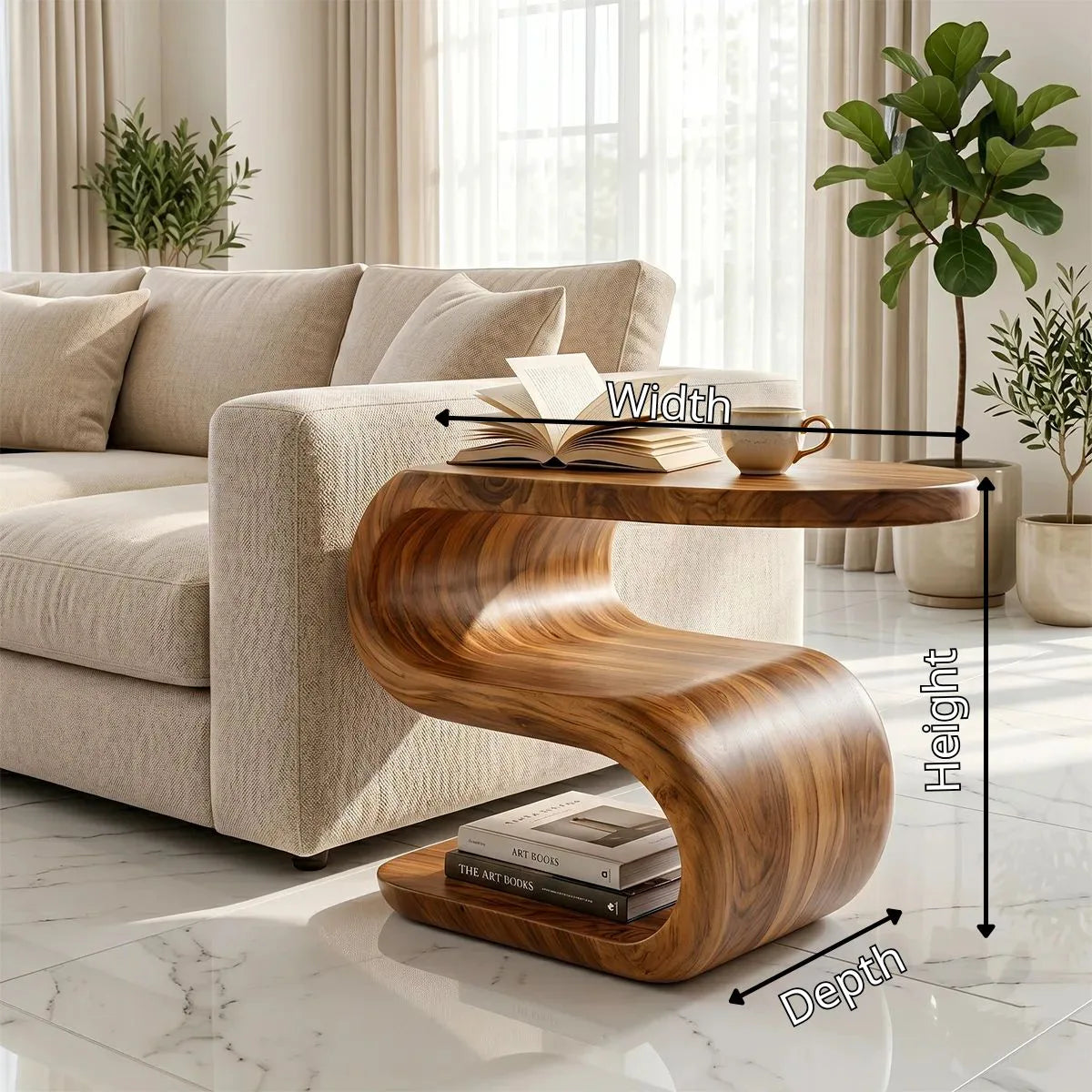 Solid Wood S-Shaped End Table – Sculptural Side Table for Living Room & Bedroom TH003-1734