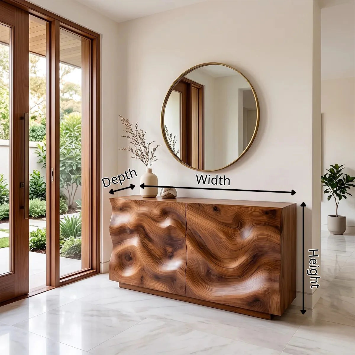 Modern Storage Console Table with Sculptural Wave Doors – Contemporary Entryway Table TH003-6526