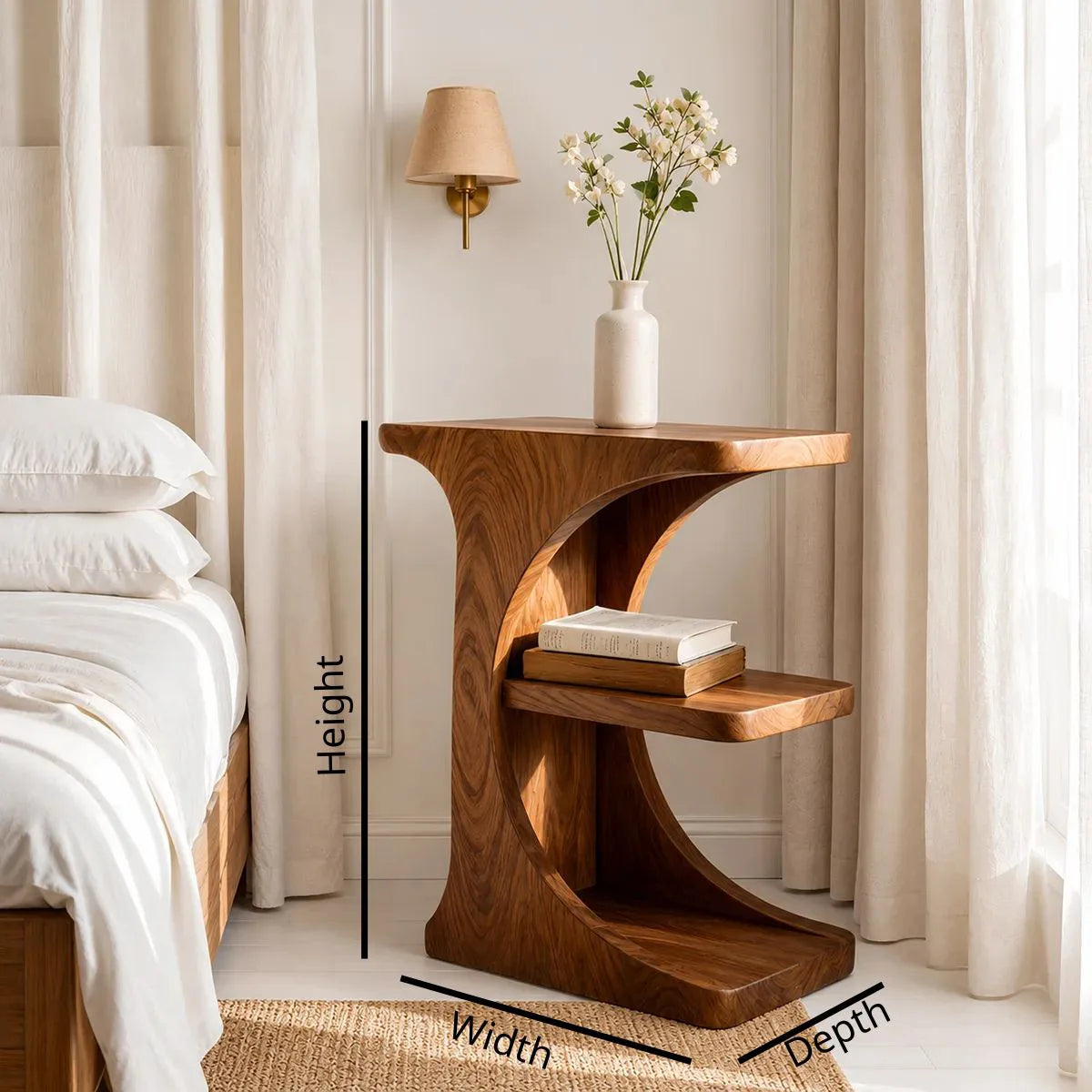Sculptural Solid Wood Nightstand with Curved Open Shelf