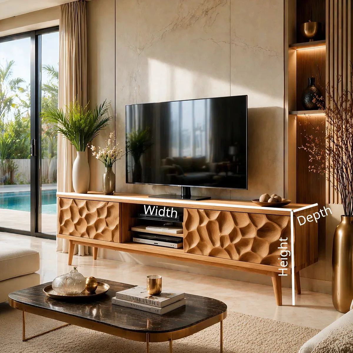 Sculpted Wood TV Stand with Open Center Shelves and Textured Doors