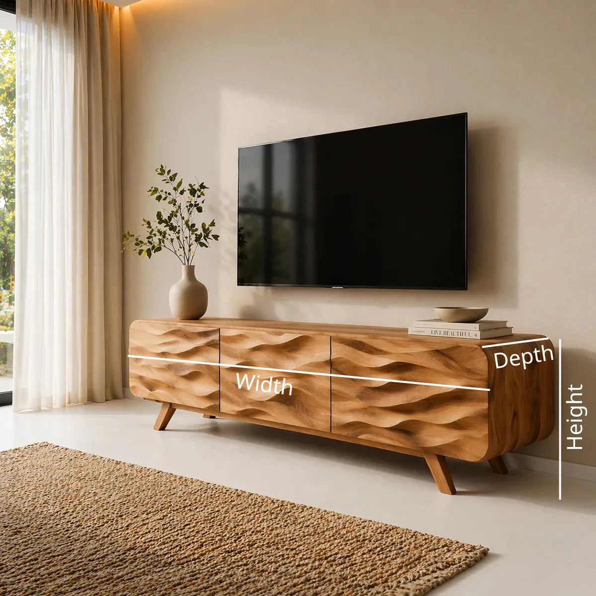 Carved Wave TV Cabinet with 3 Doors and Rounded Sides
