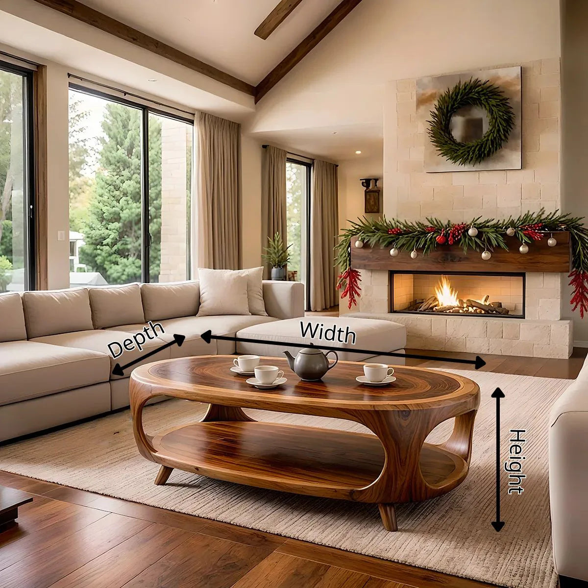 Modern Organic Coffee Table with Shelf | Sculptural Solid Wood Oval Coffee Table TH003-7476