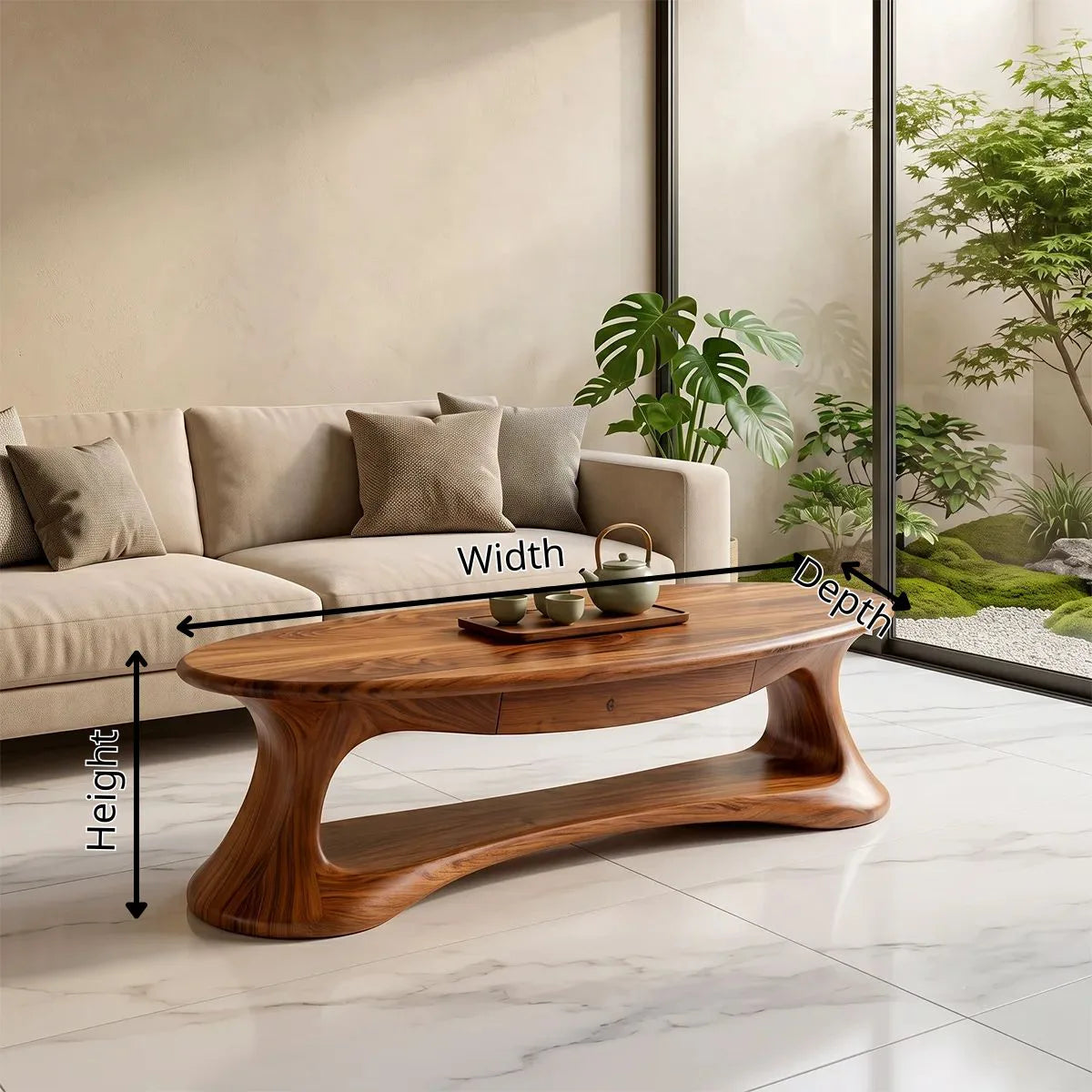 Modern Organic Coffee Table | Oval Coffee Table with Shelf for Living Room TH003-4419