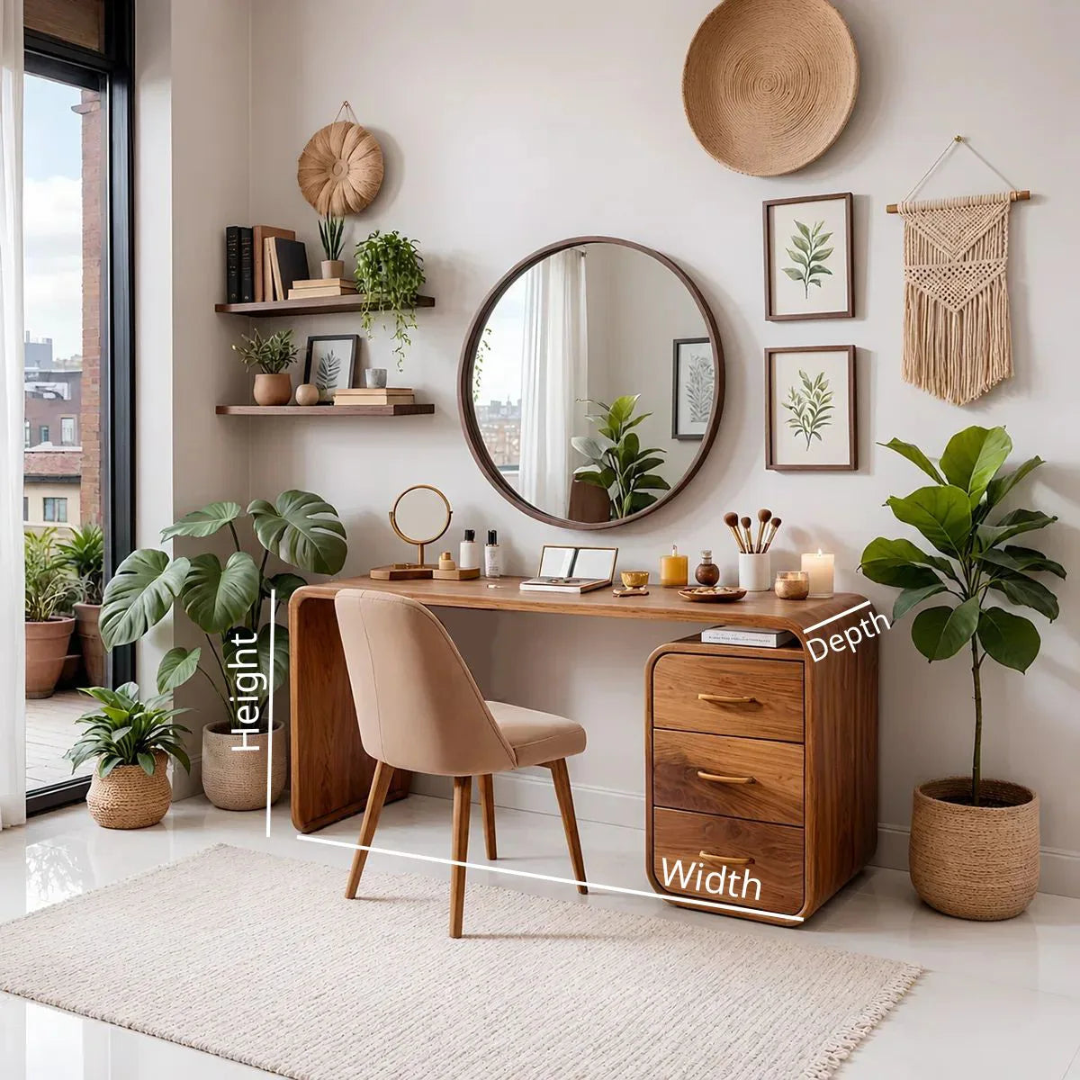 Curved Solid Wood Vanity Desk with Drawer Storage