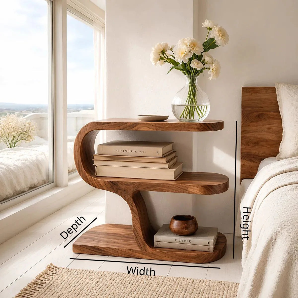 Modern Sculptural Wooden Nightstand with Open Storage Shelves