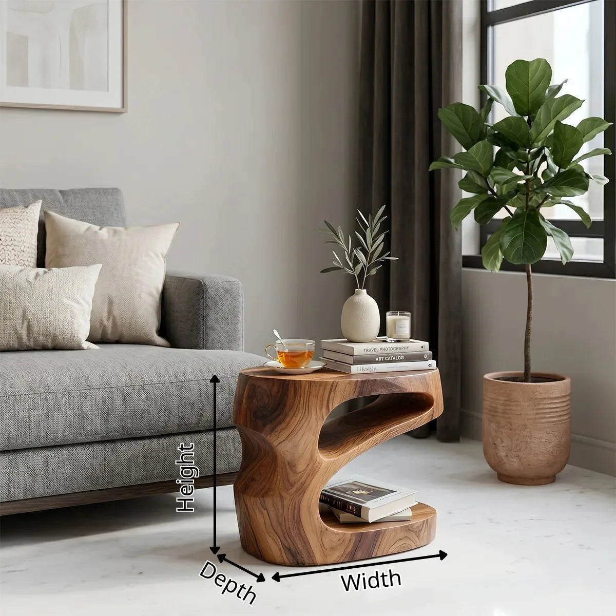 Handcrafted Sculptural Solid Wood Side Table with Storage Shelves TH003-7929