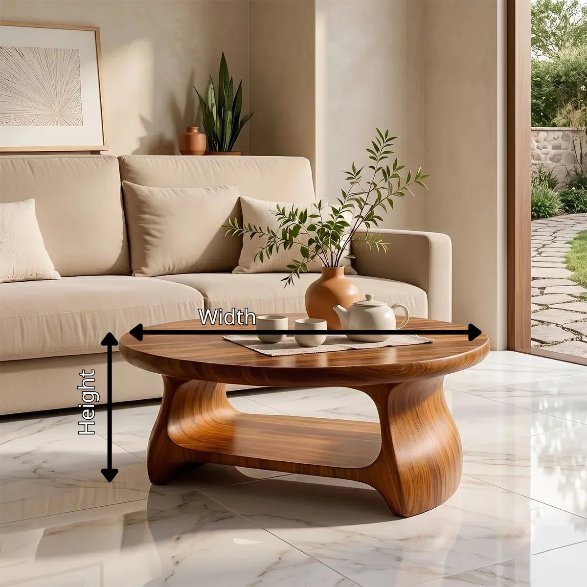 Modern Round Coffee Table with Shelf | Sculptural Wood Coffee Table for Living Room TH003-3167