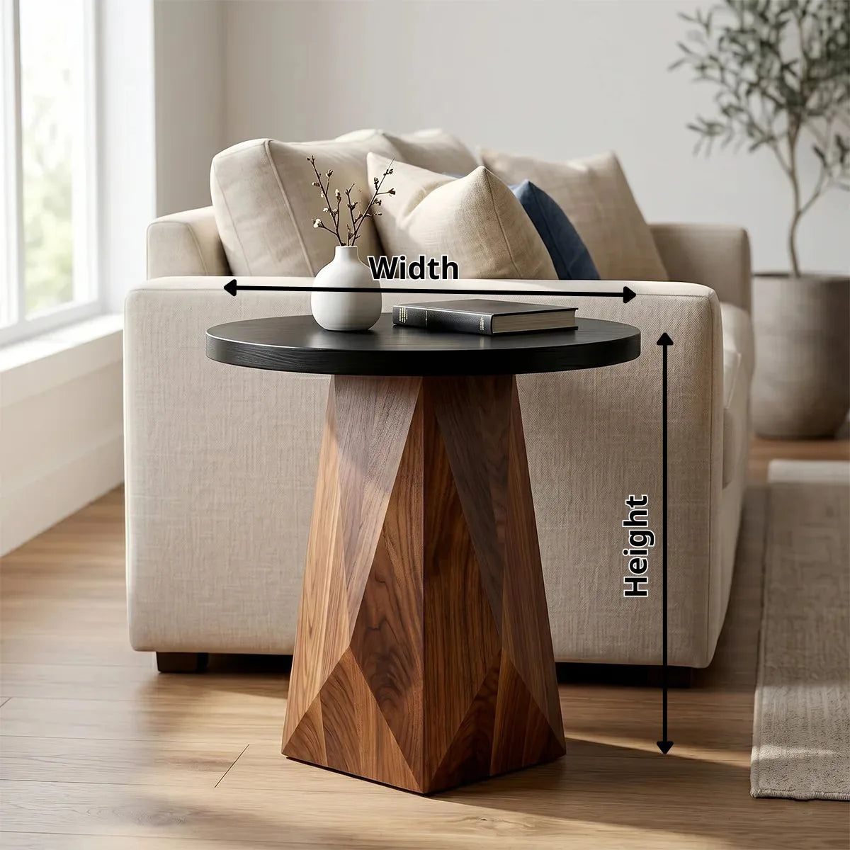 Round Solid Wood End Table | Handcrafted Pedestal Side Table with Black Top for Living Room & Bedroom TH003-3811