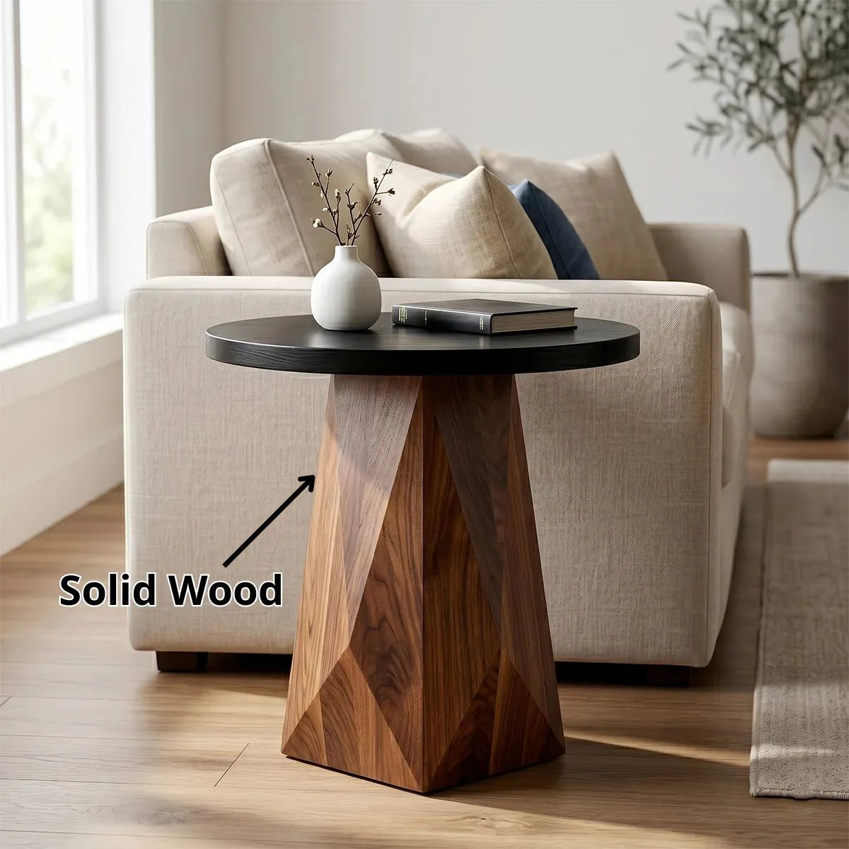 Round Solid Wood End Table | Handcrafted Pedestal Side Table with Black Top for Living Room & Bedroom TH003-3811