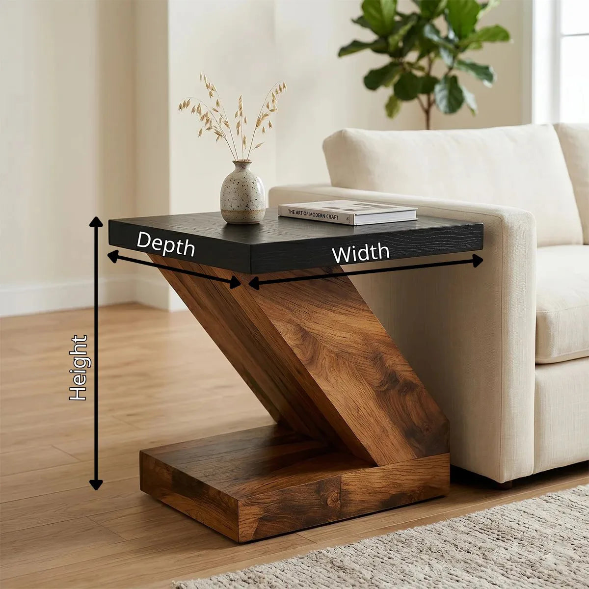 Modern Solid Wood End Table | Geometric Z-Shaped Side Table with Black Top TH003-2206