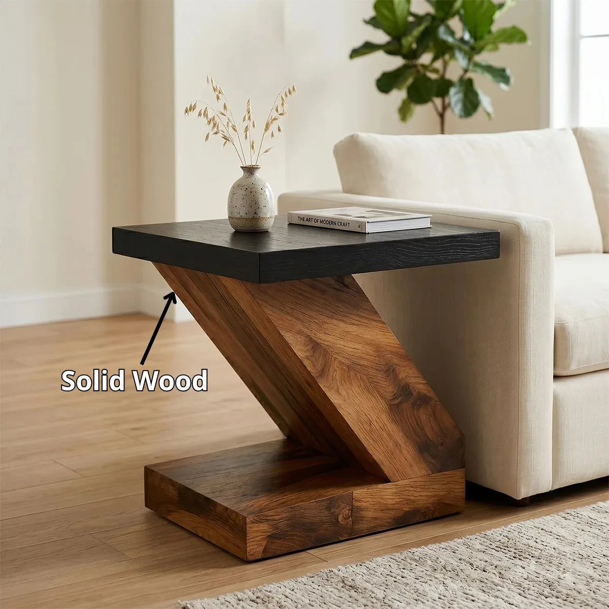 Modern Solid Wood End Table | Geometric Z-Shaped Side Table with Black Top TH003-2206