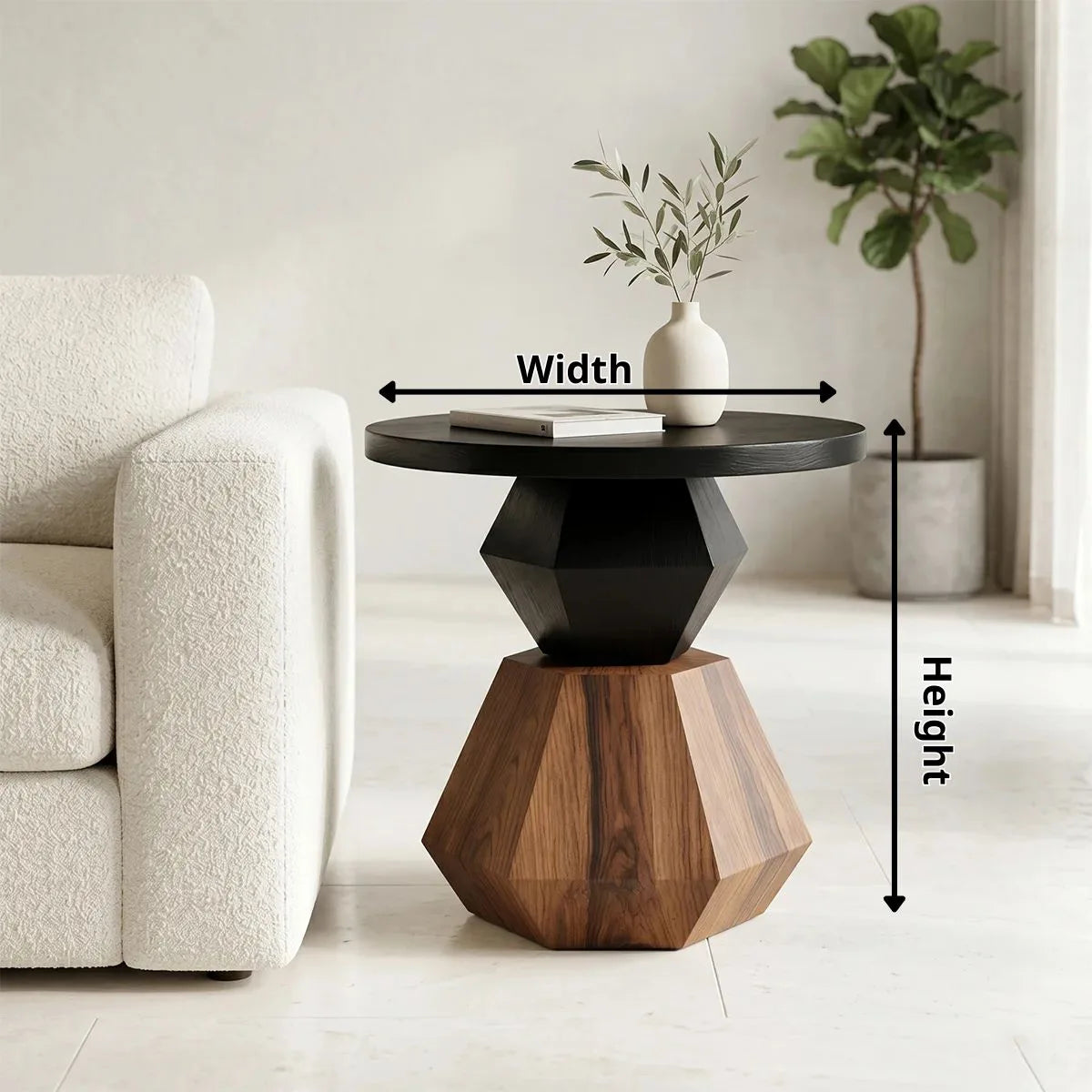 Modern Round Solid Wood End Table | Geometric Pedestal Side Table with Black Top TH003-3706