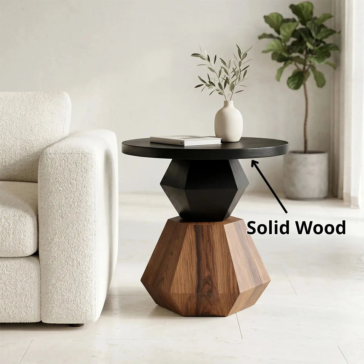 Modern Round Solid Wood End Table | Geometric Pedestal Side Table with Black Top TH003-3706