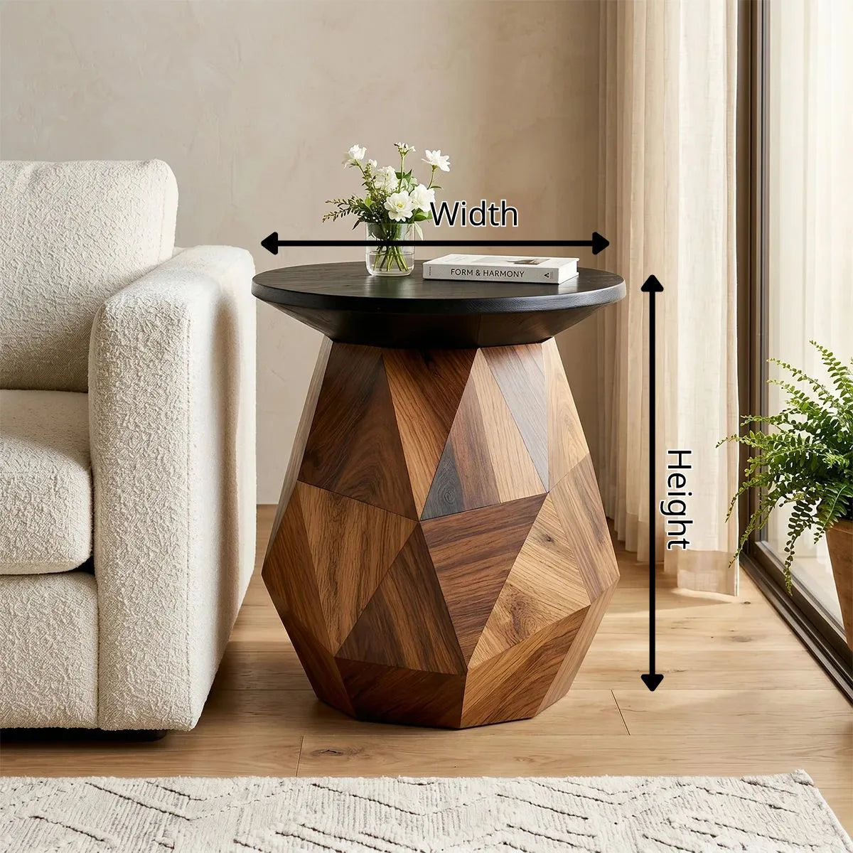 Modern Round Solid Wood End Table | Geometric Pedestal Side Table with Black Top TH003-4421