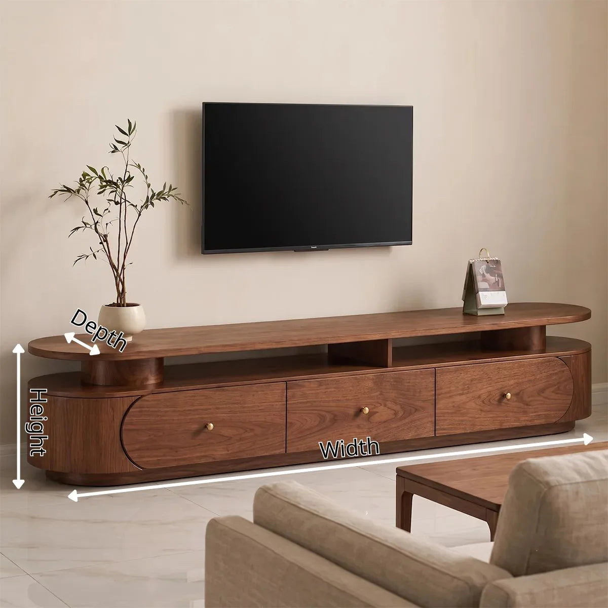 Modern TV Stand with 3 Drawers & Open Shelf | Curved Media Console TH003-1IBC4JQ
