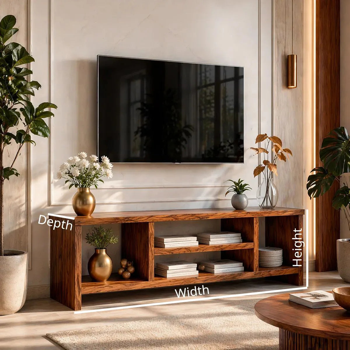 Modern Solid Wood Geometric TV Stand with Open Shelving