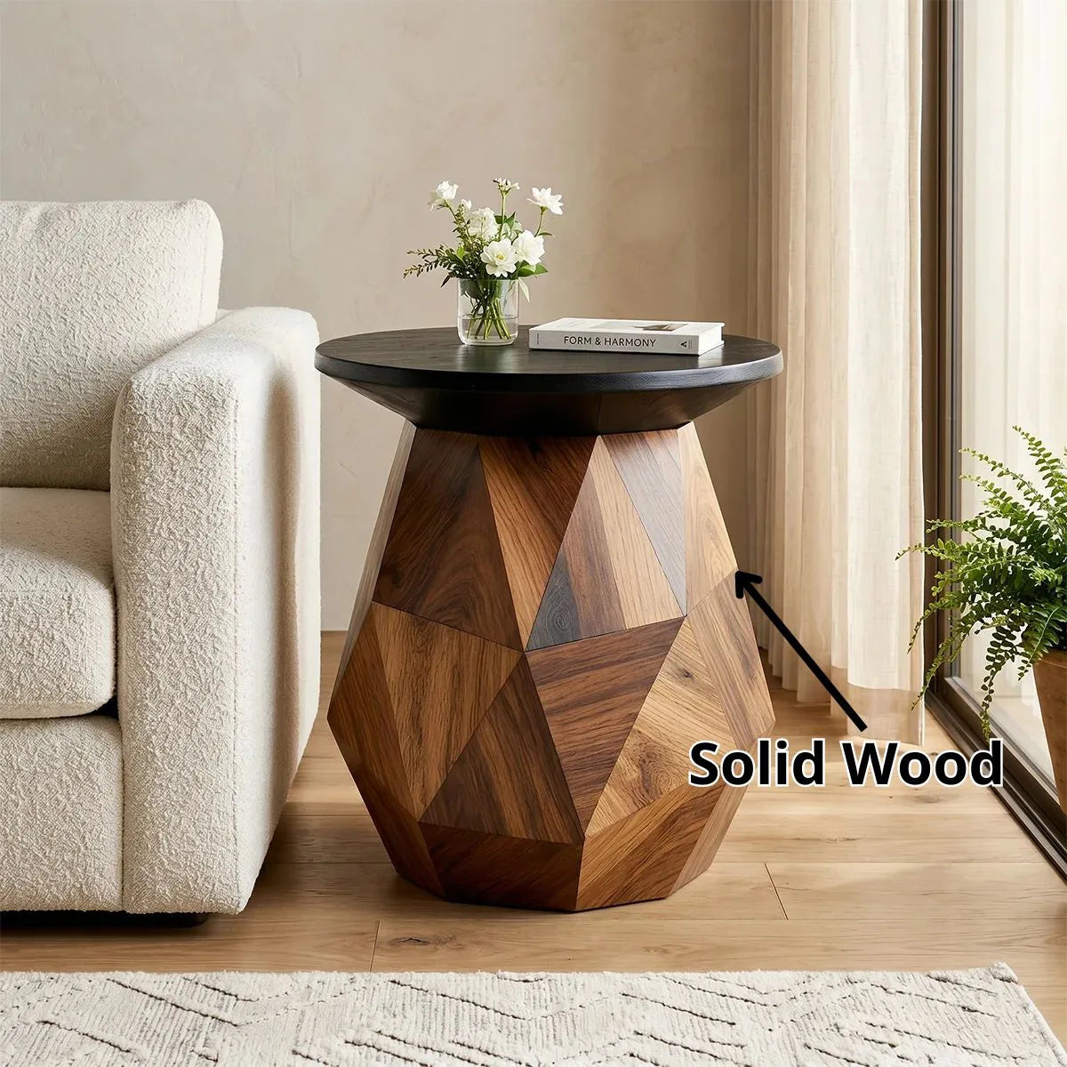 Modern Round Solid Wood End Table | Geometric Pedestal Side Table with Black Top TH003-4421