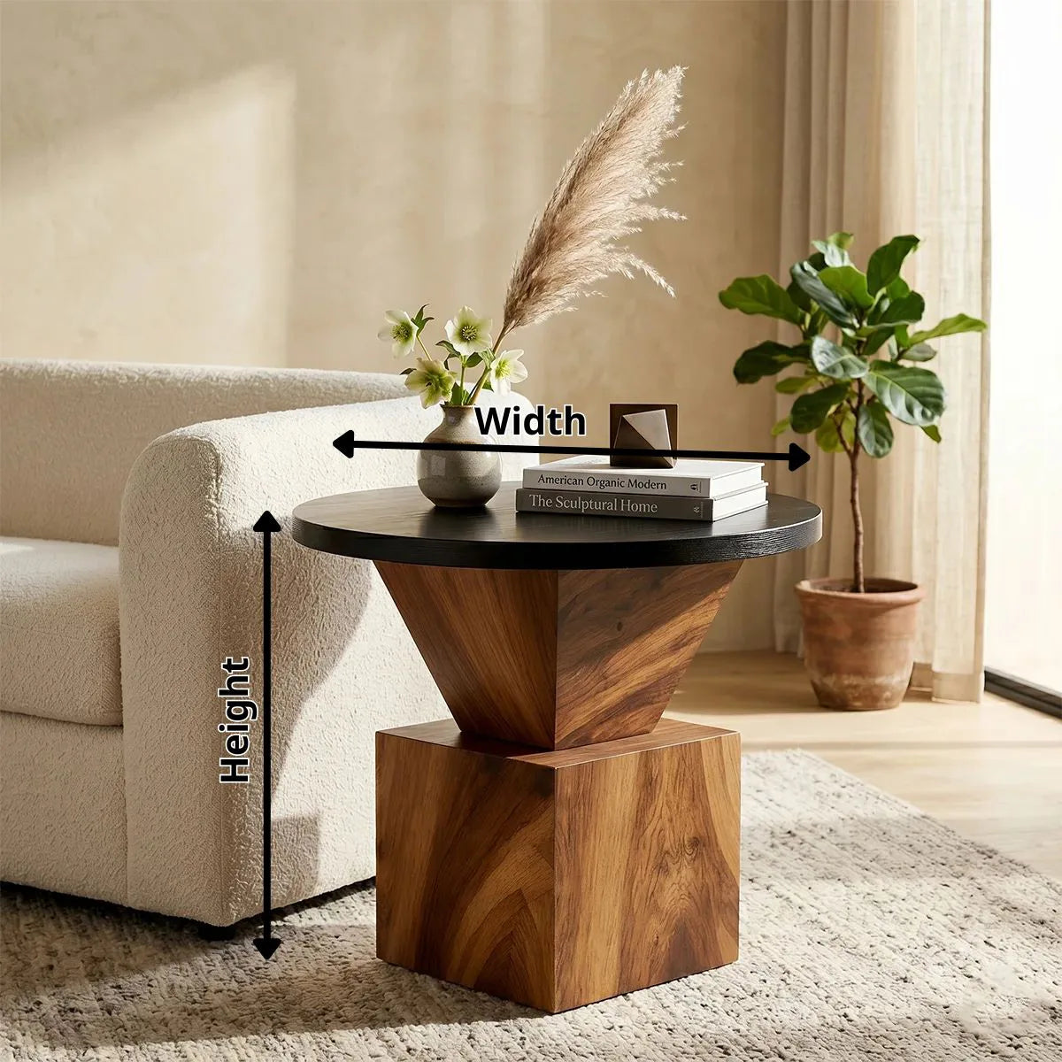Modern Round Solid Wood End Table | Sculptural Pedestal Side Table with Black Top TH003-8718