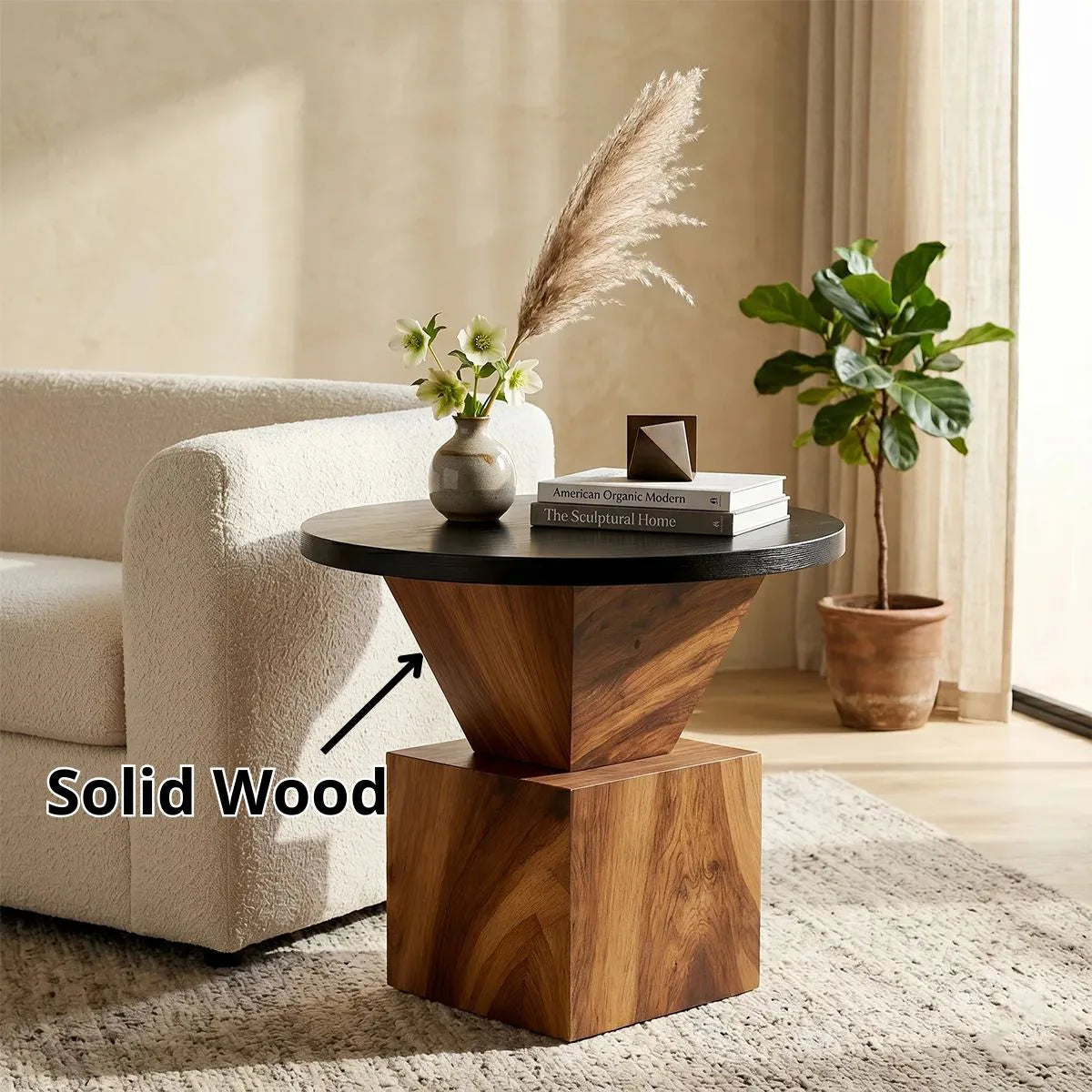 Modern Round Solid Wood End Table | Sculptural Pedestal Side Table with Black Top TH003-8718