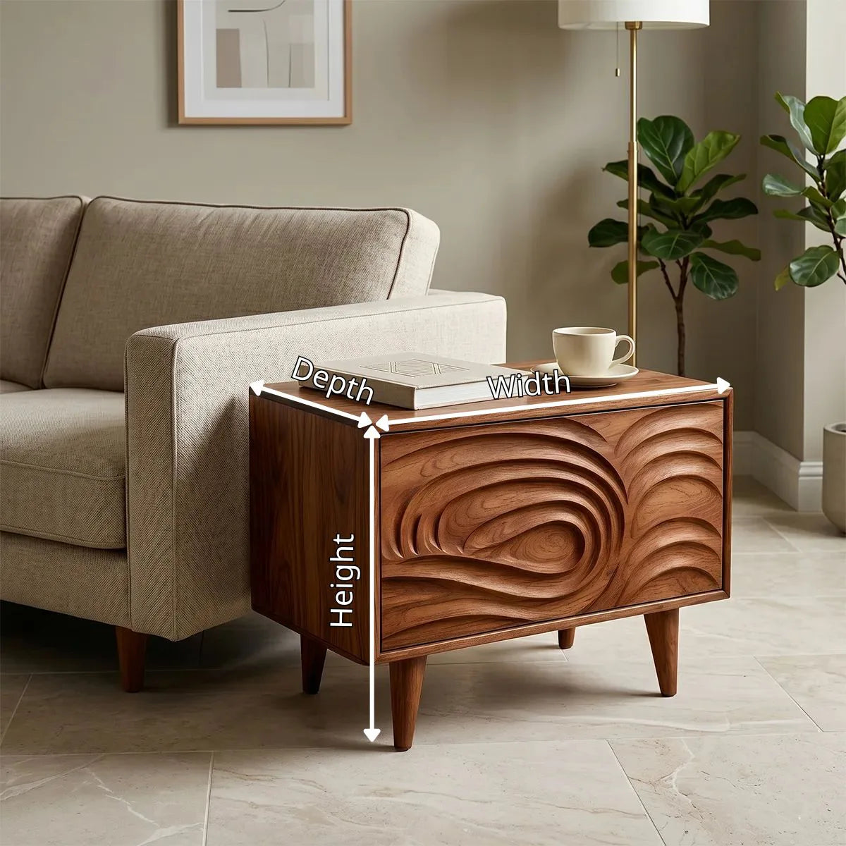 Modern Solid Wood End Table with Storage | Mid Century Nightstand with Carved Drawer TH003-2138