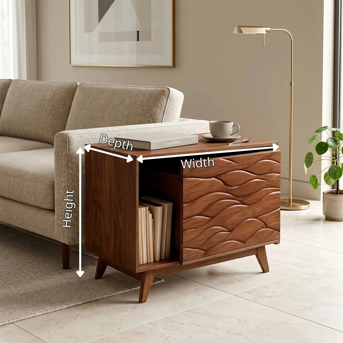 Modern Solid Wood End Table with Sliding Door | Mid Century Storage Side Table TH003-6980