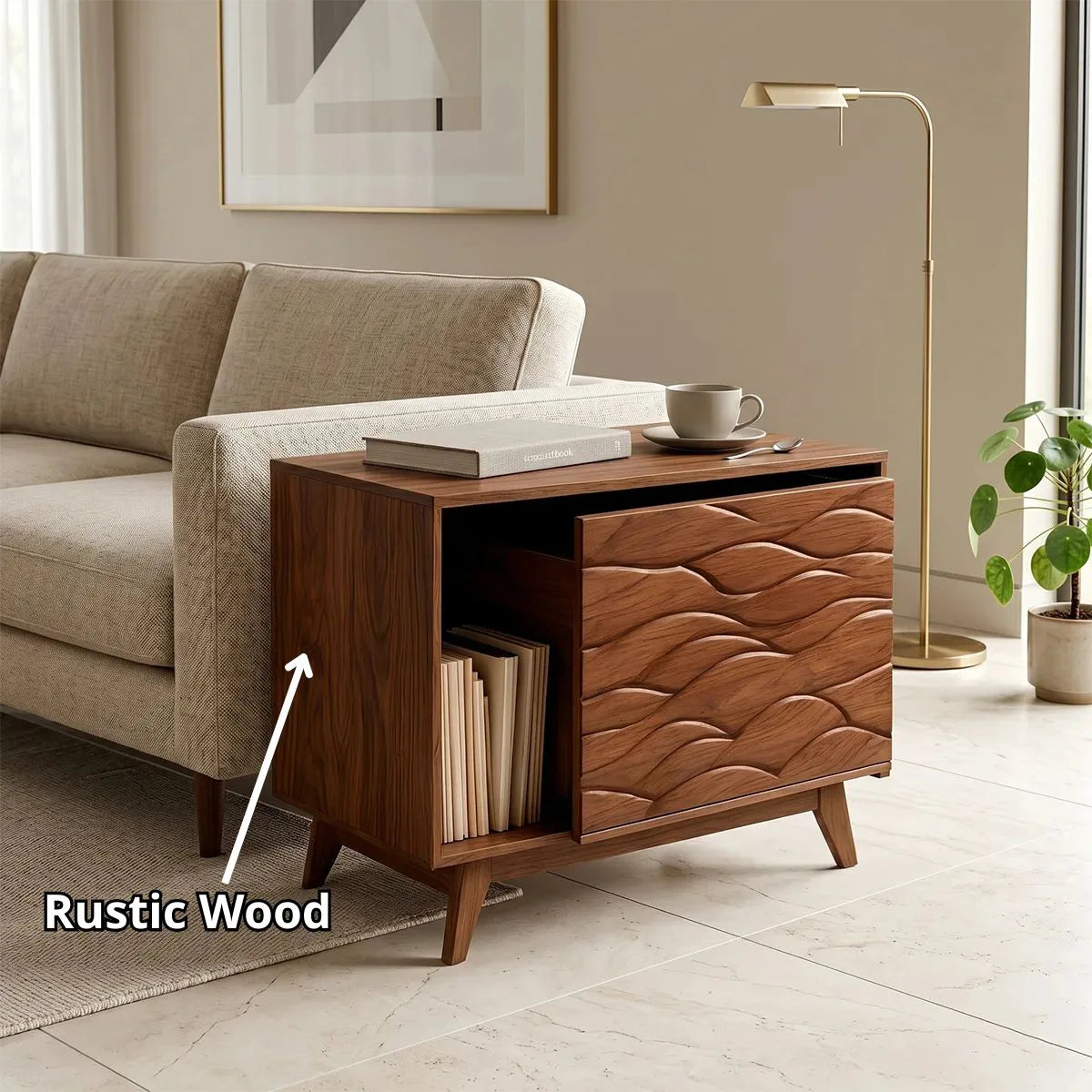 Modern Solid Wood End Table with Sliding Door | Mid Century Storage Side Table TH003-6980