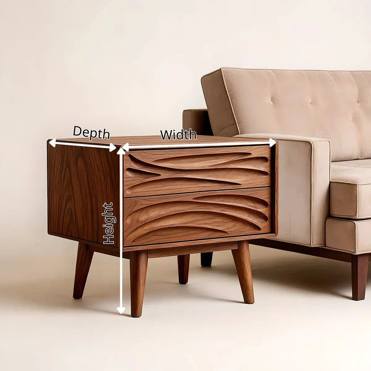 Modern Solid Wood End Table | Mid Century Side Table with 2 Carved Storage Drawers TH003-8695