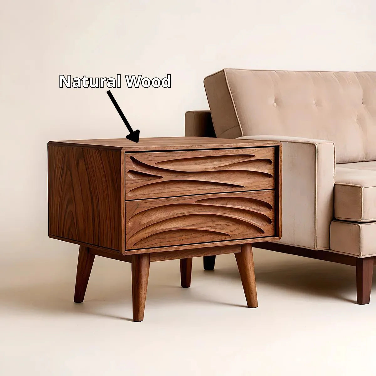 Modern Solid Wood End Table | Mid Century Side Table with 2 Carved Storage Drawers TH003-8695