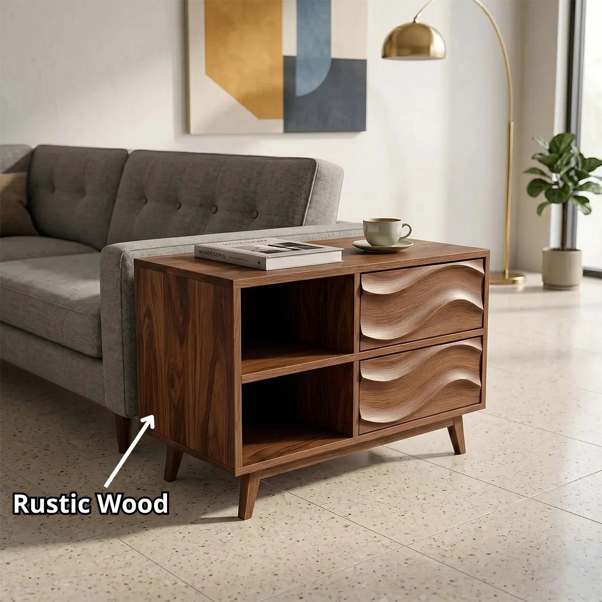 Modern Solid Wood End Table with Storage | Mid Century Side Table with 2 Drawers & Open Shelves TH003-4573