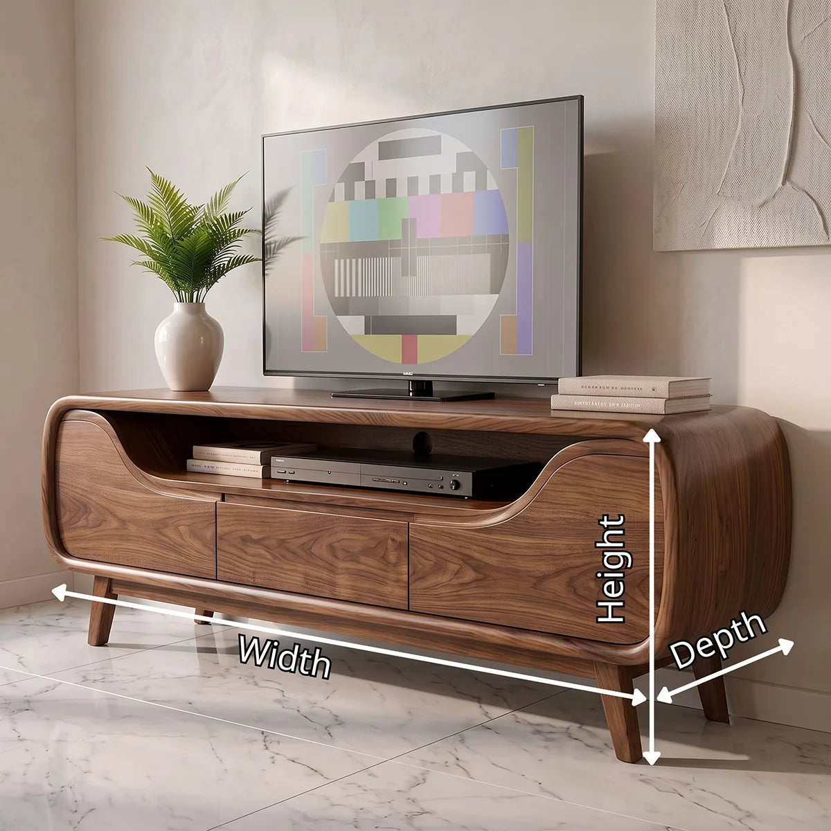 Modern Curved TV Stand with Drawer & Open Media Shelf | Sculptural Low Profile Console TH003-2WQM9UQ