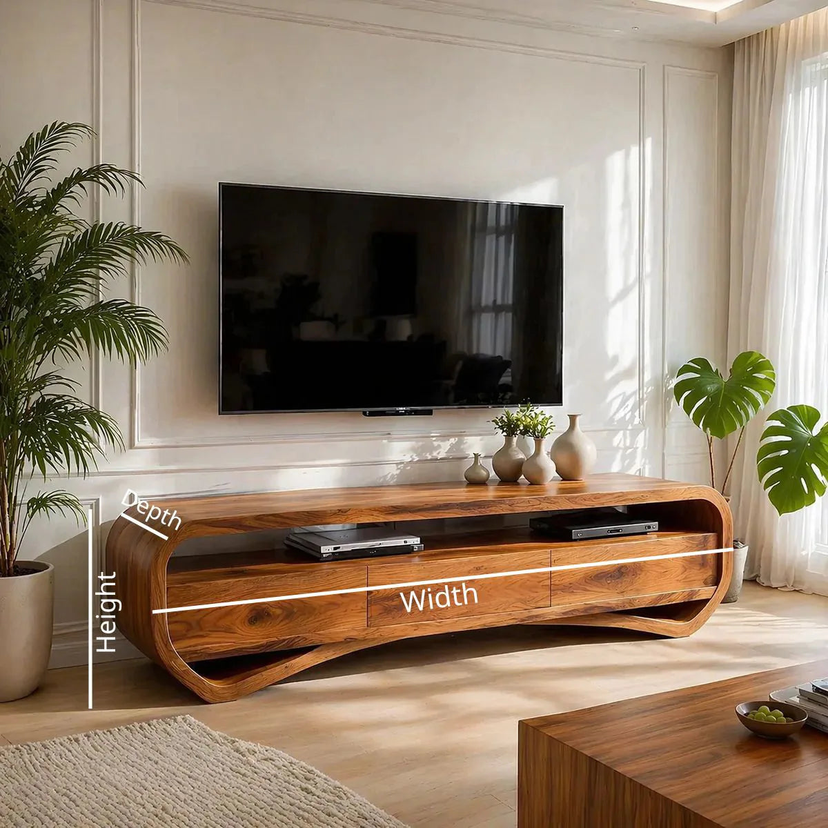 Solid Wood TV Stand with Curved Open Shelves and 3 Drawers