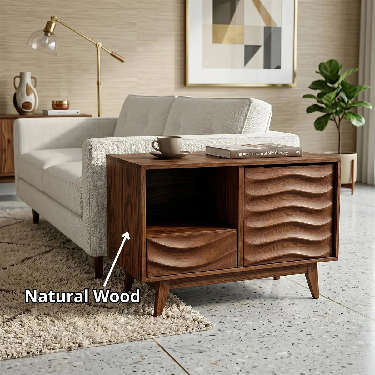 Modern Solid Wood End Table with Storage | Mid Century Side Table with Drawer & Cabinet TH003-4266