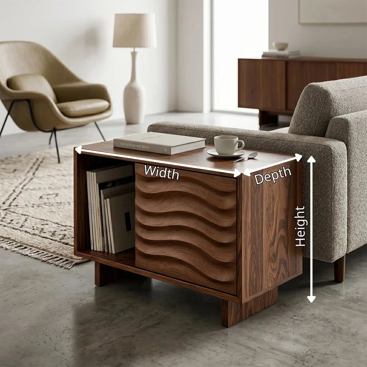 Modern Solid Wood End Table with Sliding Door | Mid Century Storage Side Table for Living Room TH003-7699