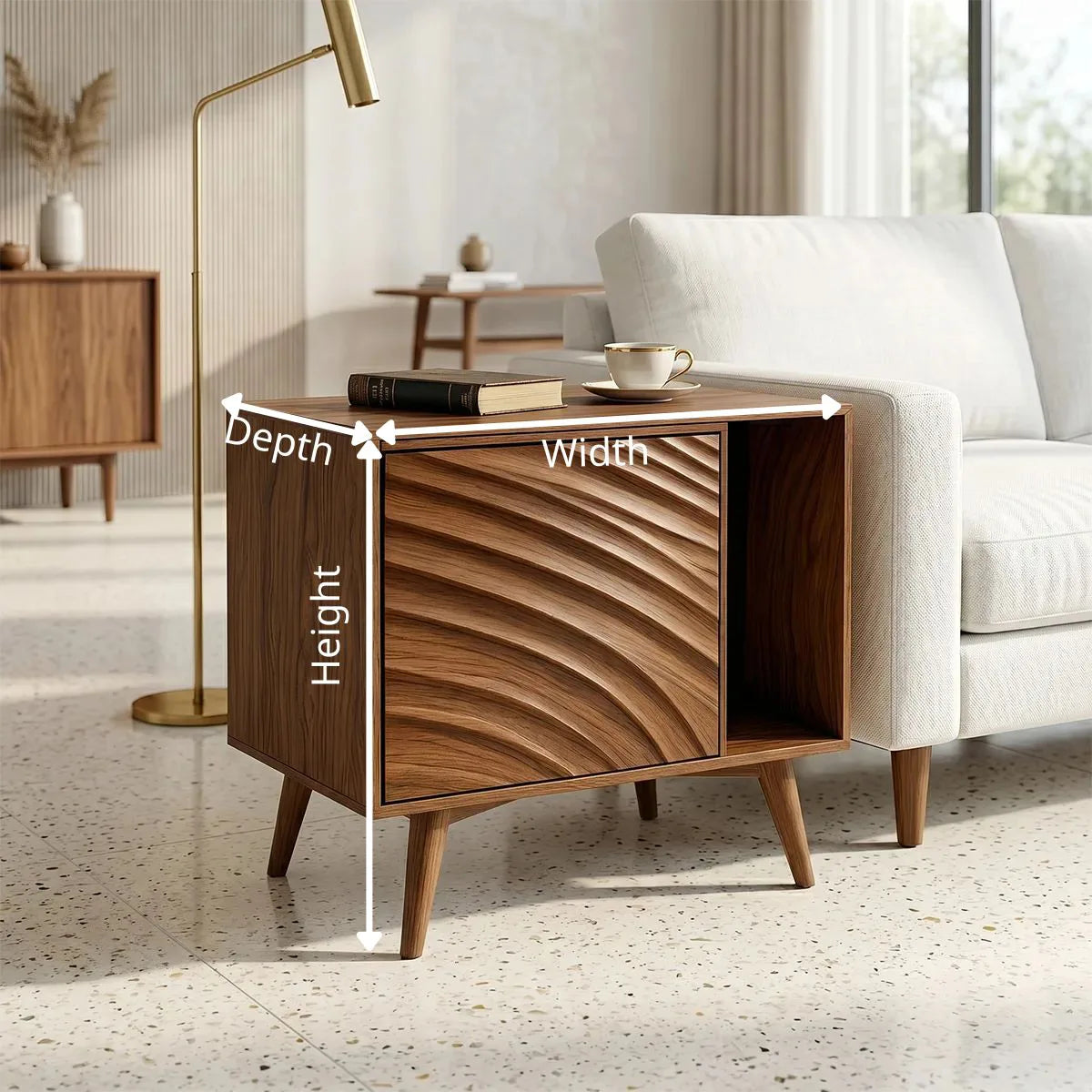 Modern Solid Wood End Table with Sliding Door | Mid Century Storage Side Table for Living Room TH003-6094