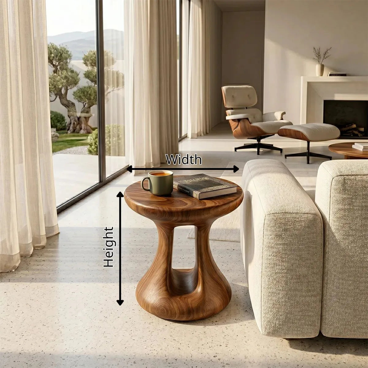 Organic Solid Wood Round End Table | Sculptural Pedestal Side Table for Modern Living Room TH003-6440