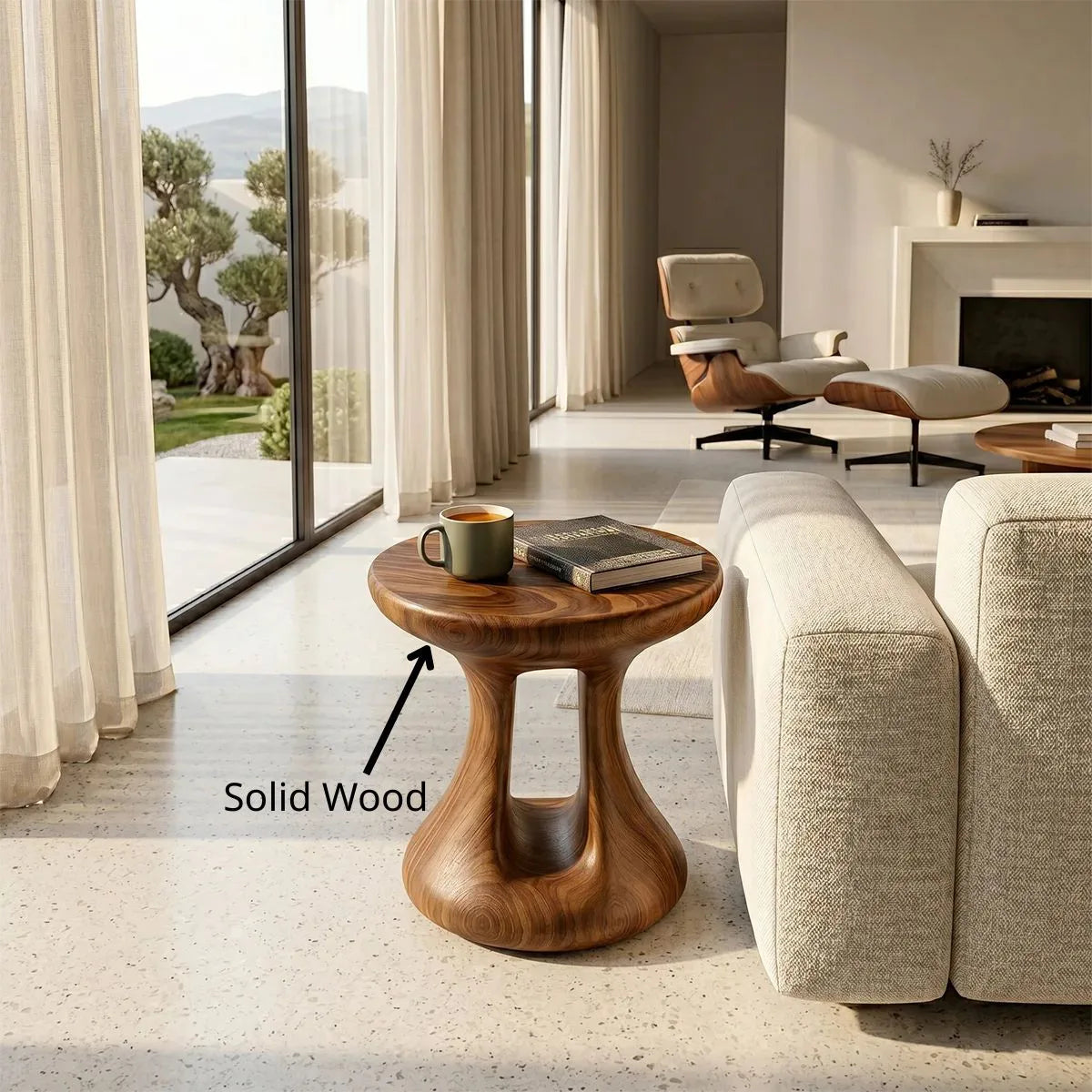 Organic Solid Wood Round End Table | Sculptural Pedestal Side Table for Modern Living Room TH003-6440