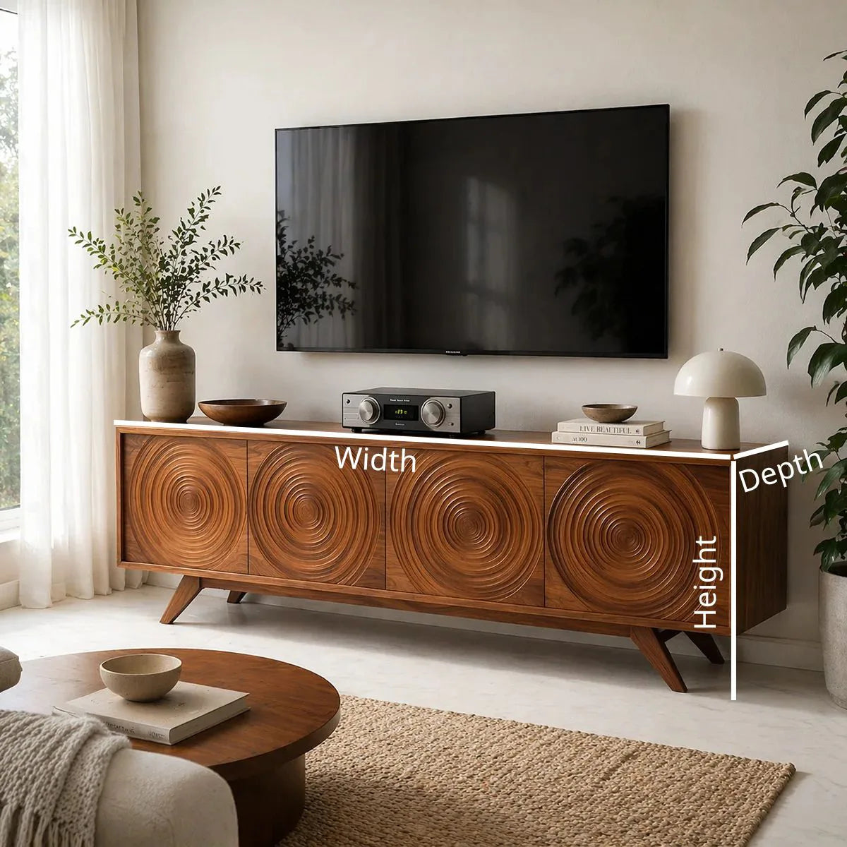 Mid Century Modern Solid Wood Carved Door TV Stand