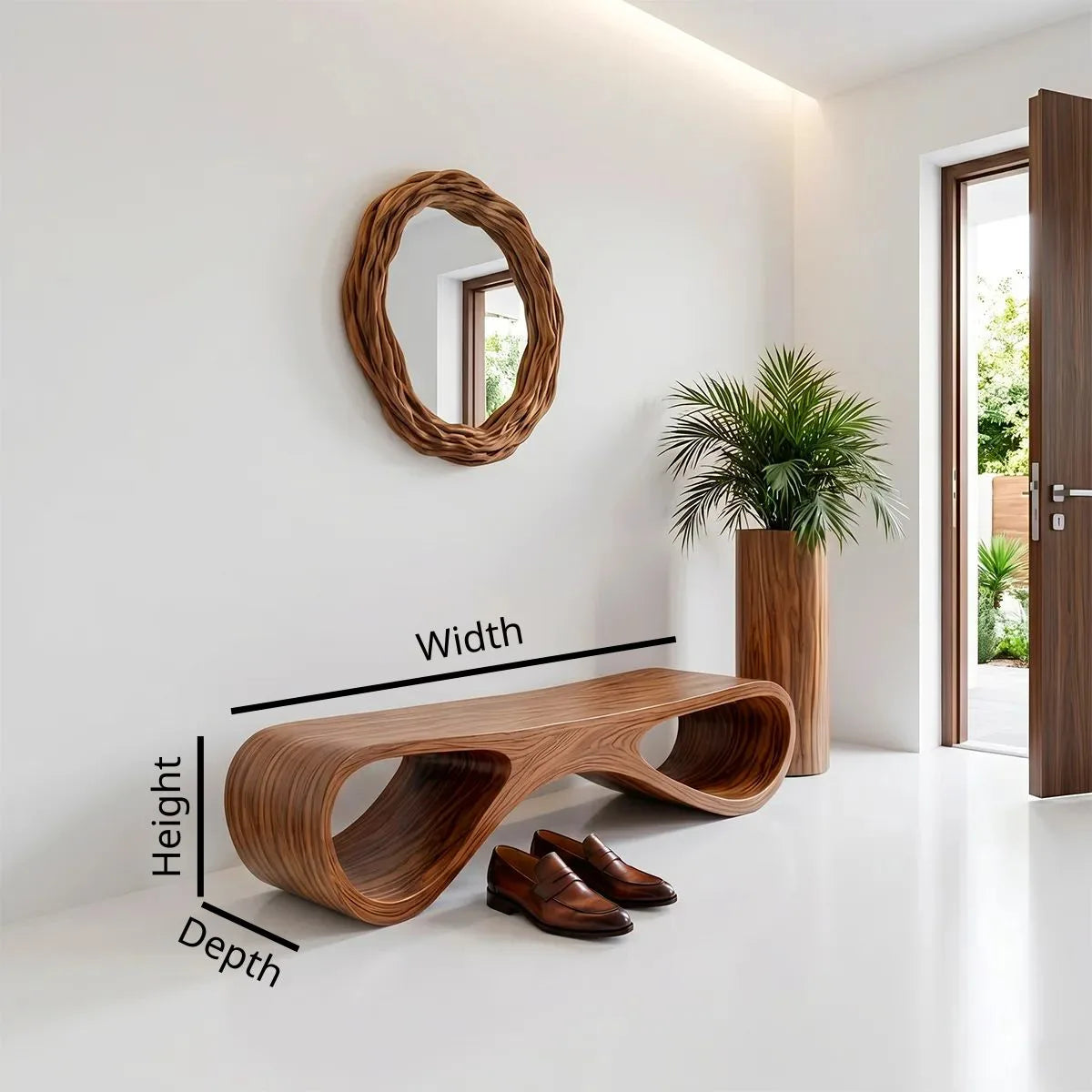 Organic Sculptural Solid Wood Entryway Bench for Modern Minimalist Hallway Interiors
