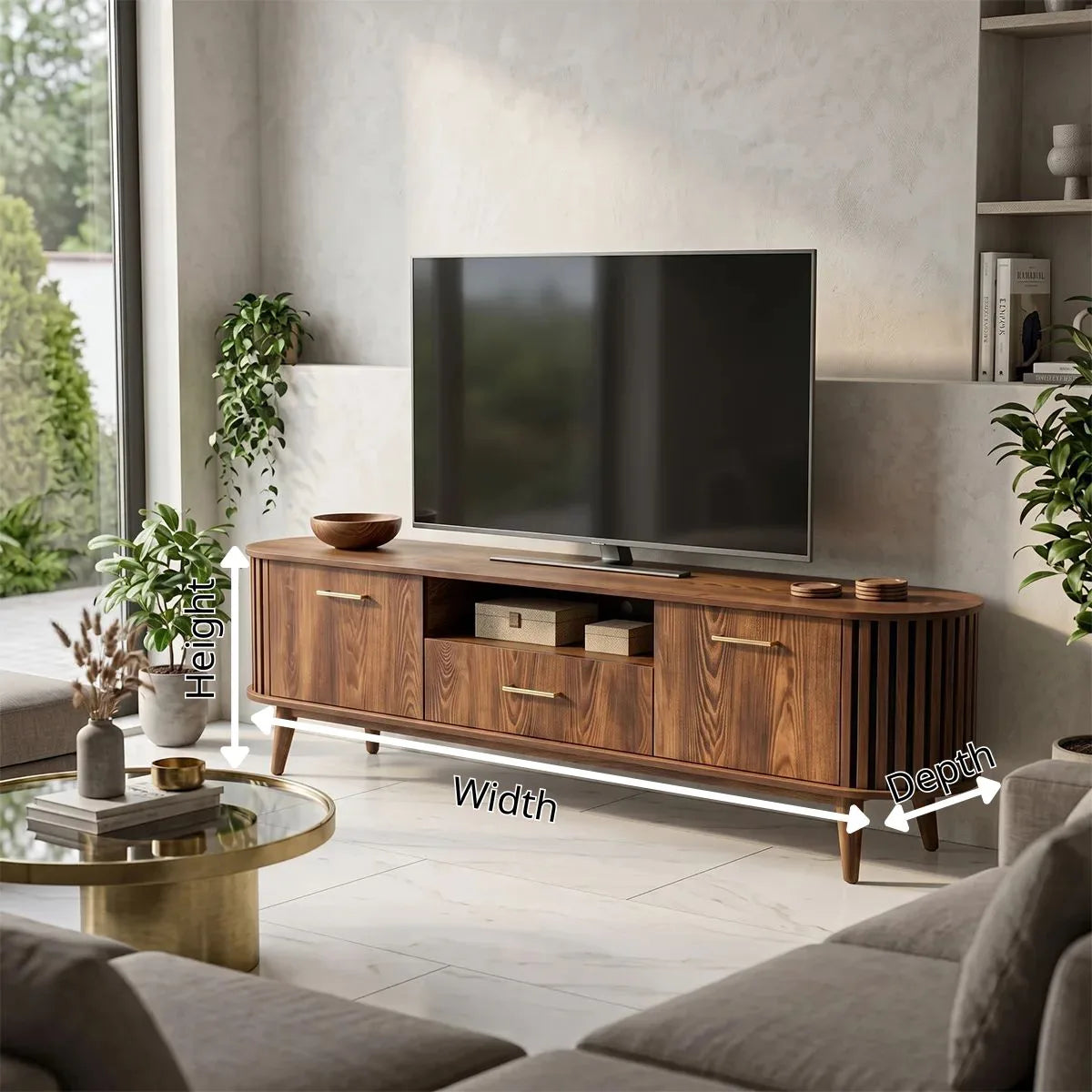 Mid-Century Modern TV Stand with 2 Cabinets & Drawer | Fluted Media Console TH003-4CGT3CA