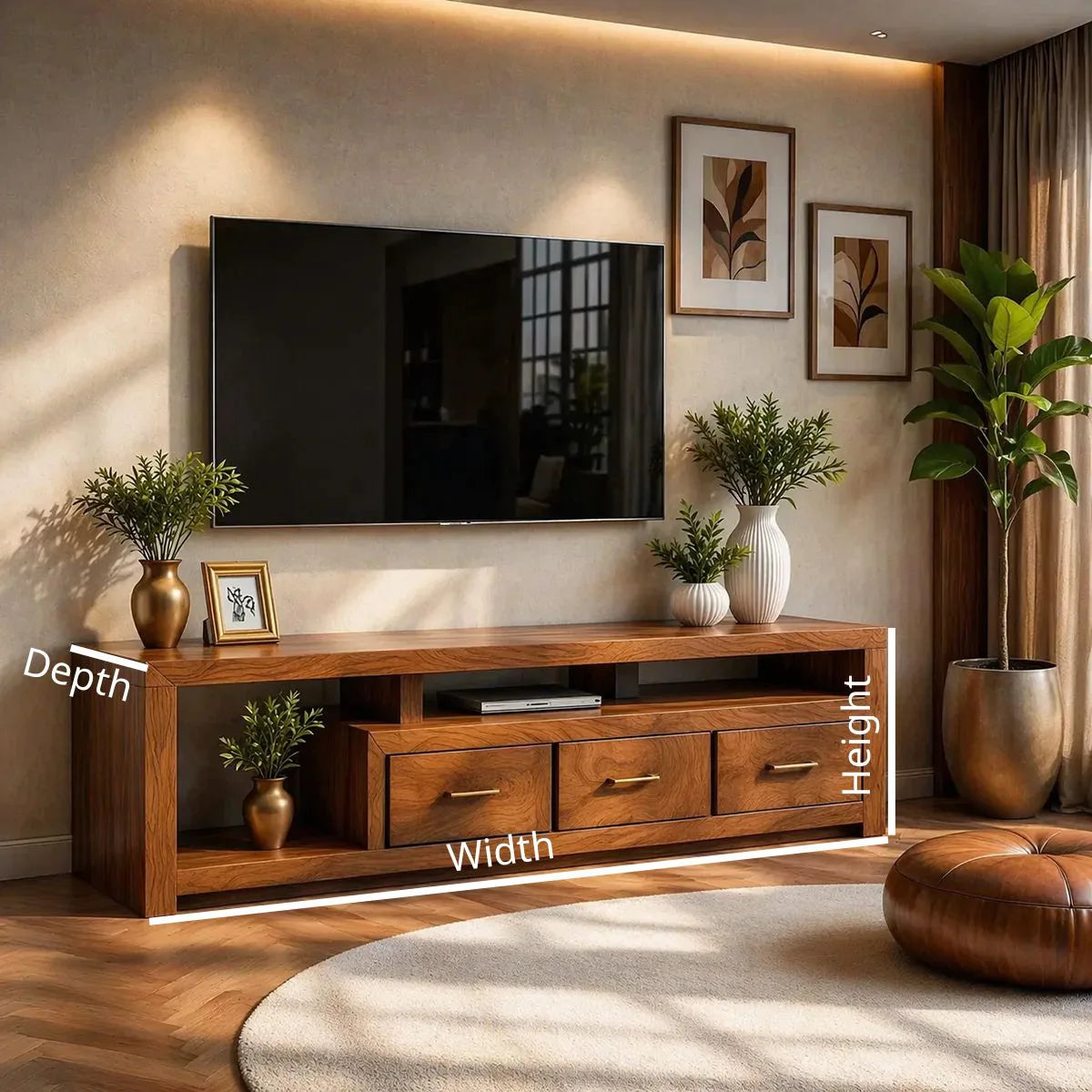 Solid Wood TV Stand with Open Shelves and 3 Drawers