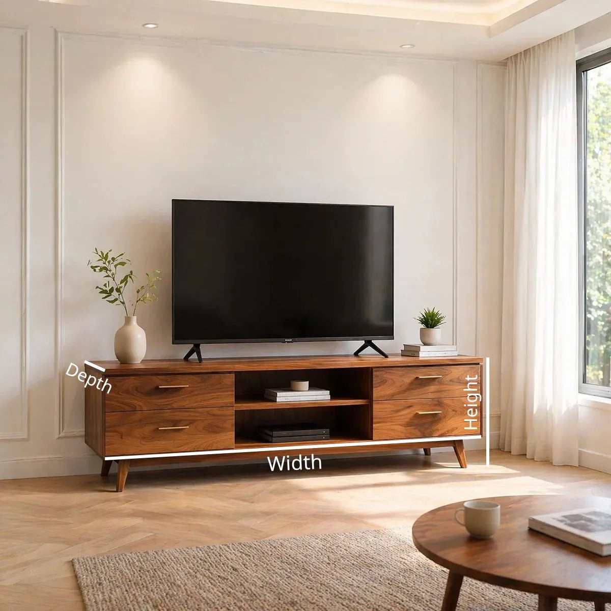 Solid Wood TV Stand with 4 Drawers and Open Center Shelves
